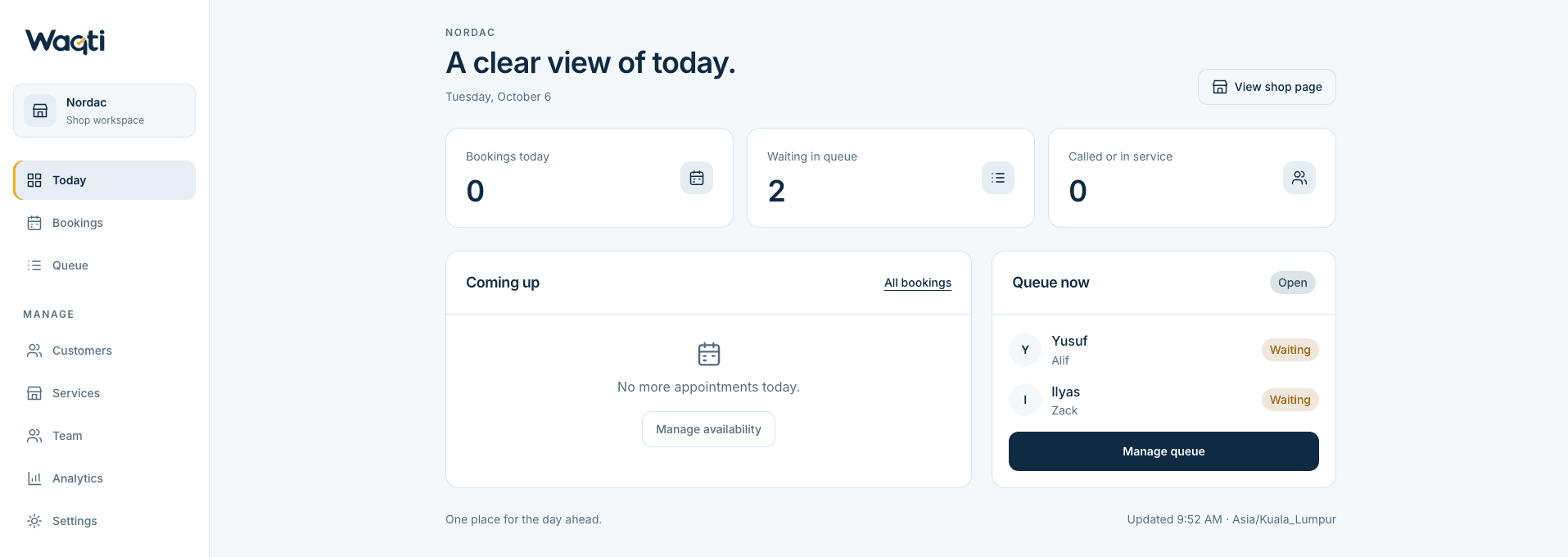 The Waqti Today view: bookings, people waiting and the live queue